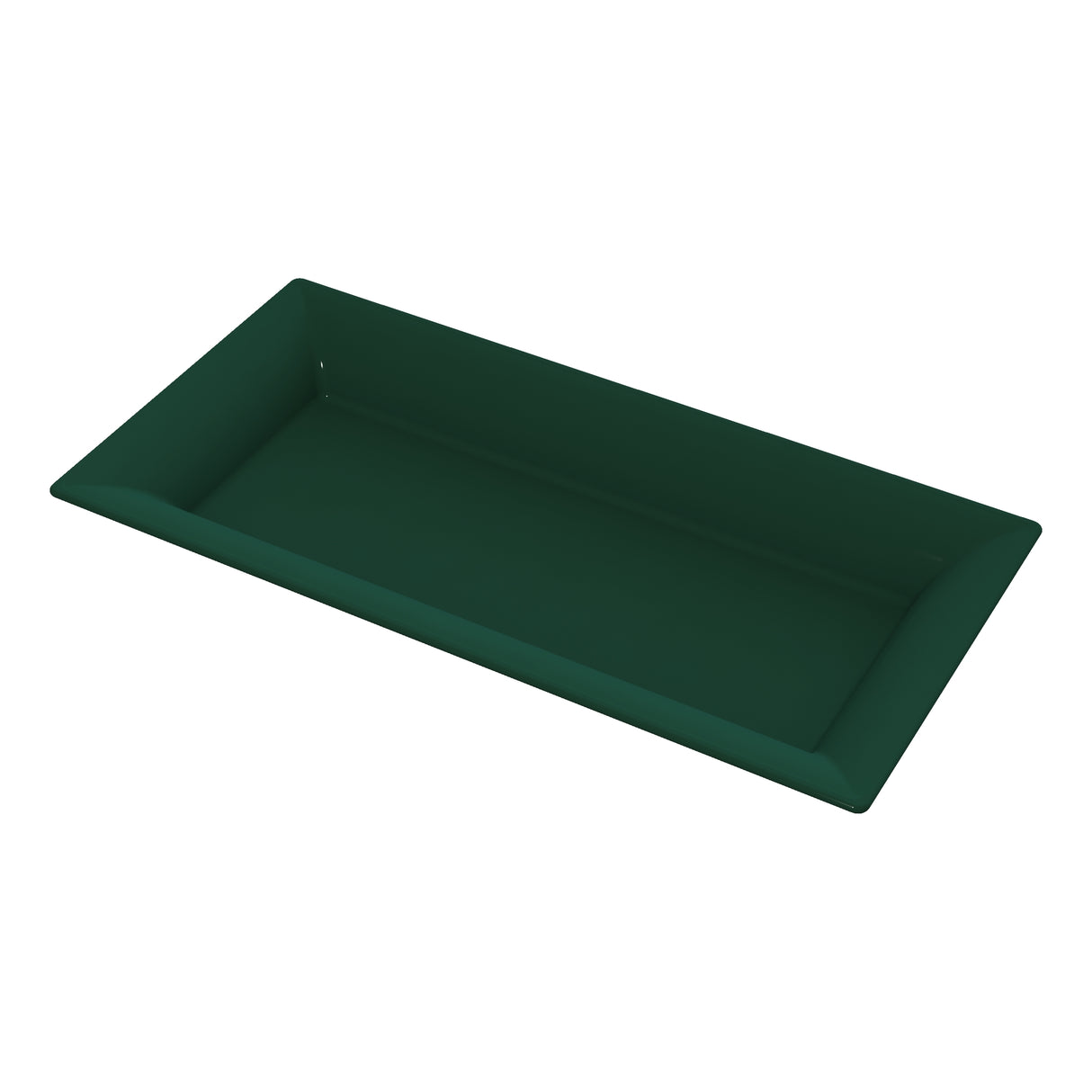 A rectangular, dark green cast aluminum tray with slightly raised, angled edges, shown on a white background. The platter features a smooth, matte finish and a simple, minimalist design.