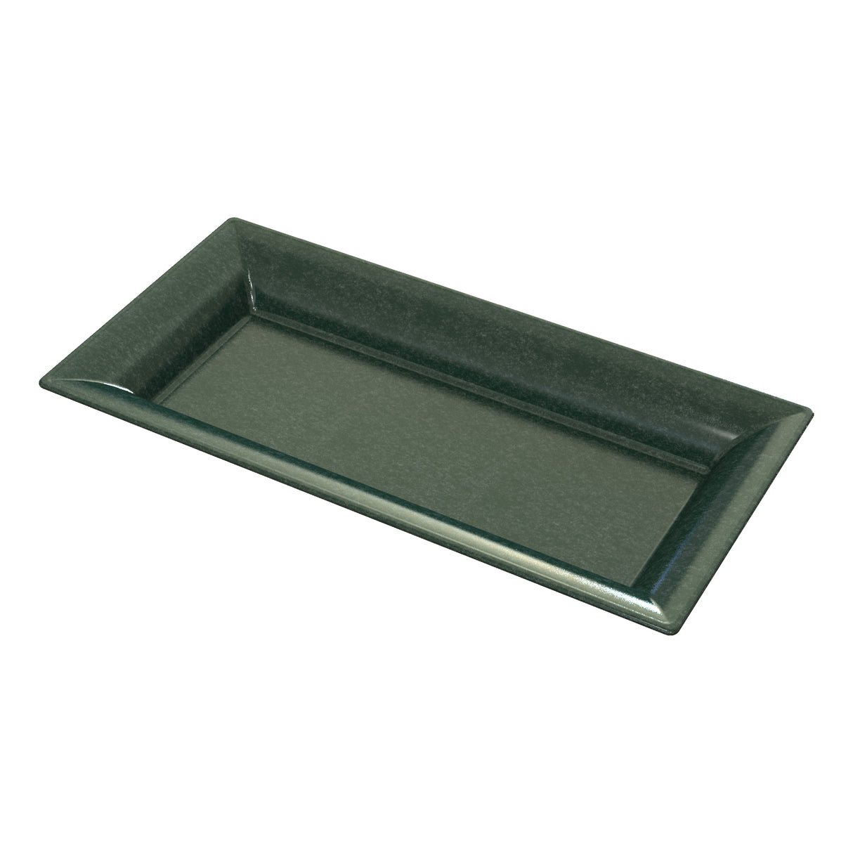 A dark green rectangular Duracoat coated cast aluminum tray with slightly raised, angled edges. The tray has a smooth, glossy finish and is empty, placed on a plain white background.