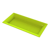 A rectangular, lime green cast aluminum tray with raised edges is shown on a white background. The tray has a smooth, glossy surface and slightly flared sides, giving it a modern and minimalist appearance.