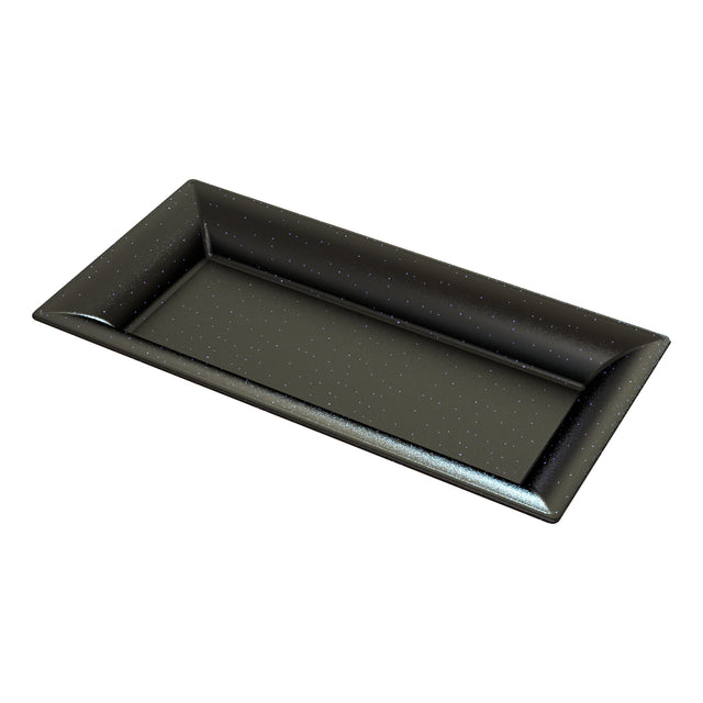A rectangular, black cast aluminum platter with raised edges and a glossy finish. The surface is decorated with tiny white speckles evenly distributed across the tray, giving it a subtle, starry appearance. Photographed empty on a white background.