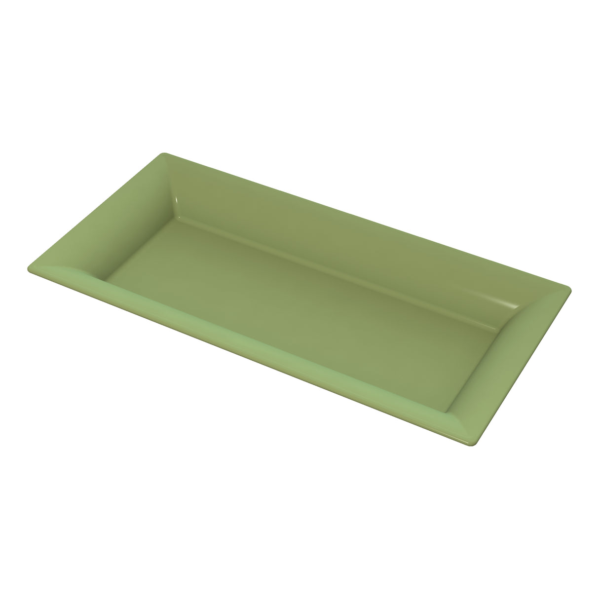 A rectangular, light green cast aluminum platter with a modern mint finish and slightly raised edges, glossy and sleek, viewed from a high angle against a plain white background.