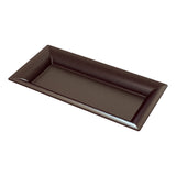 A dark brown, glossy cast aluminum rectangular platter with raised edges and a flat center, shown at an angle on a white background. The plate features a minimalist, modern design and is empty—ideal for cold holding.