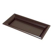 A dark brown, glossy cast aluminum rectangular platter with raised edges and a flat center, shown at an angle on a white background. The plate features a minimalist, modern design and is empty—ideal for cold holding.