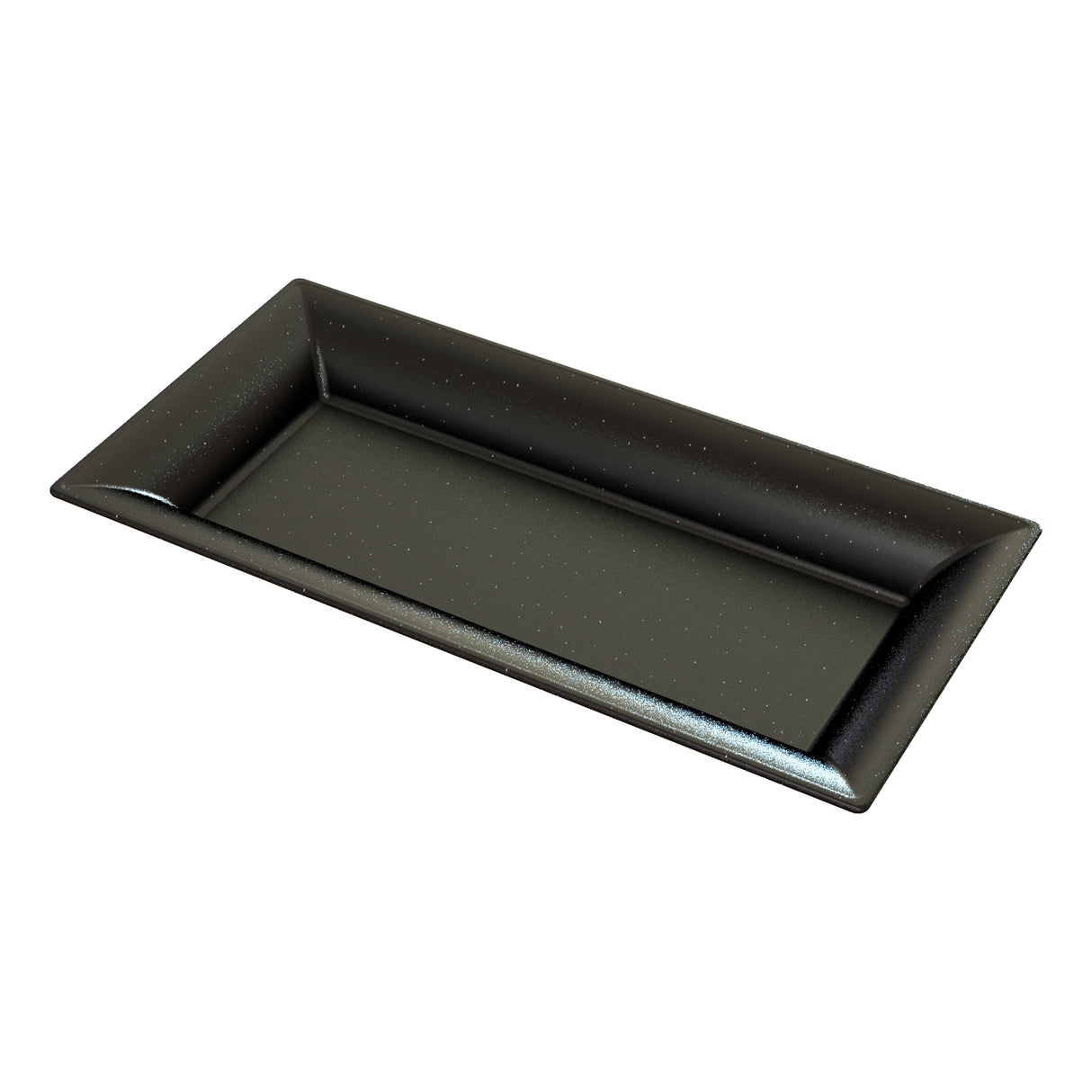 A rectangular, black platter with slightly angled sides and a glossy, speckled surface, shown on a white background. The tray has a modern, minimalist design and appears to be made of ceramic or plastic.