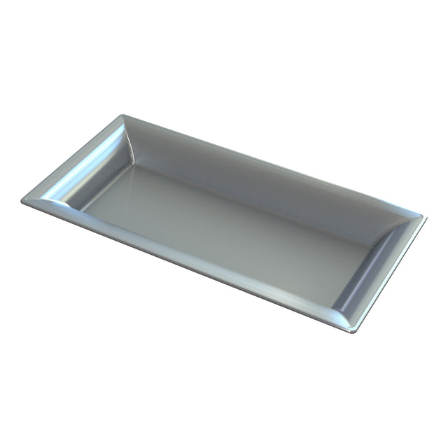 A shiny, rectangular cast aluminum tray with slightly raised, angled edges is shown on a white background. The smooth, reflective platter is empty, suggesting it is clean and ready for use or ideal for cold holding.