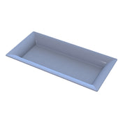 A rectangular, shallow, light blue cast aluminum platter with slightly sloped sides and a smooth, glossy surface. Ideal for cold holding, the empty tray is set on a white background and viewed from an angled, top-down perspective.