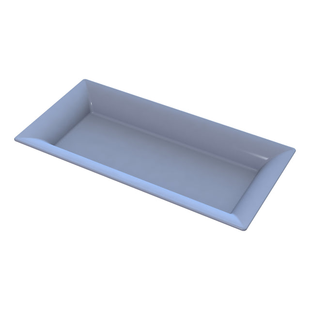 A rectangular, shallow, light blue cast aluminum platter with slightly sloped sides and a smooth, glossy surface. Ideal for cold holding, the empty tray is set on a white background and viewed from an angled, top-down perspective.