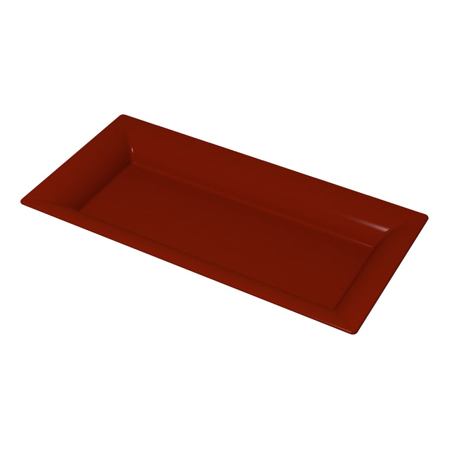 A rectangular, deep red cast aluminum serving platter with raised, slanted edges is shown against a white background. Its smooth, glossy surface and modern design make it ideal for cold holding and add a sleek, elegant touch to any table.