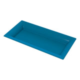 A rectangular, shallow, teal blue platter with slightly sloped sides and a glossy finish, shown on a plain white background. The tray appears to be made of plastic or melamine and is ideal for cold holding appetizers or desserts.