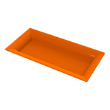 A rectangular orange cast aluminum tray with slightly raised, angled edges, viewed from above at a slight angle on a white background. The glossy platter features a smooth surface and a modern, minimalist design.