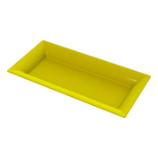 A rectangular, flat, bright yellow platter with slightly raised, angled edges. Made of cast aluminum, the tray is empty and shown against a plain white background, highlighting its smooth and glossy surface.