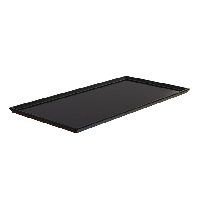 A black rectangular serving tray with slightly raised edges, shown on a white background. Made of cast aluminum, this tray features a smooth, flat surface ideal for cold holding or use as a cooling plate platter.