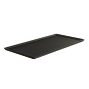 A rectangular, black cast aluminum serving tray with slightly raised edges and a smooth, speckled surface, shown on a white background. The tray is positioned at an angle, displaying its flat, even surface and low-profile sides.