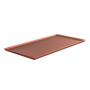 A rectangular, reddish-brown cast aluminum serving tray with slightly raised edges and a textured surface, shown against a white background. The tray is photographed at an angle, highlighting its slim profile and modern design—ideal as a Cooling Plate Platter.