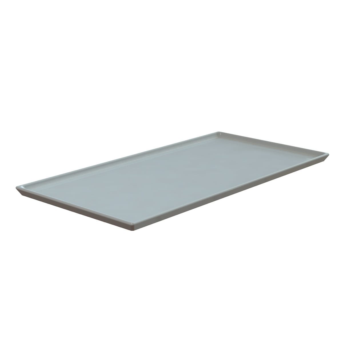 A rectangular, flat, light gray cast aluminum cooling plate platter with slightly raised edges is shown on a white background. Ideal for cold holding, the tray appears empty and is photographed from a front angled perspective.