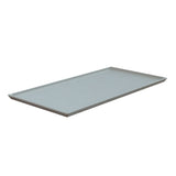 A rectangular, flat, light gray cast aluminum cooling plate platter with slightly raised edges is shown on a white background. Ideal for cold holding, the tray appears empty and is photographed from a front angled perspective.