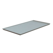 A rectangular, flat, light gray cast aluminum cooling plate platter with slightly raised edges is shown on a white background. Ideal for cold holding, the tray appears empty and is photographed from a front angled perspective.