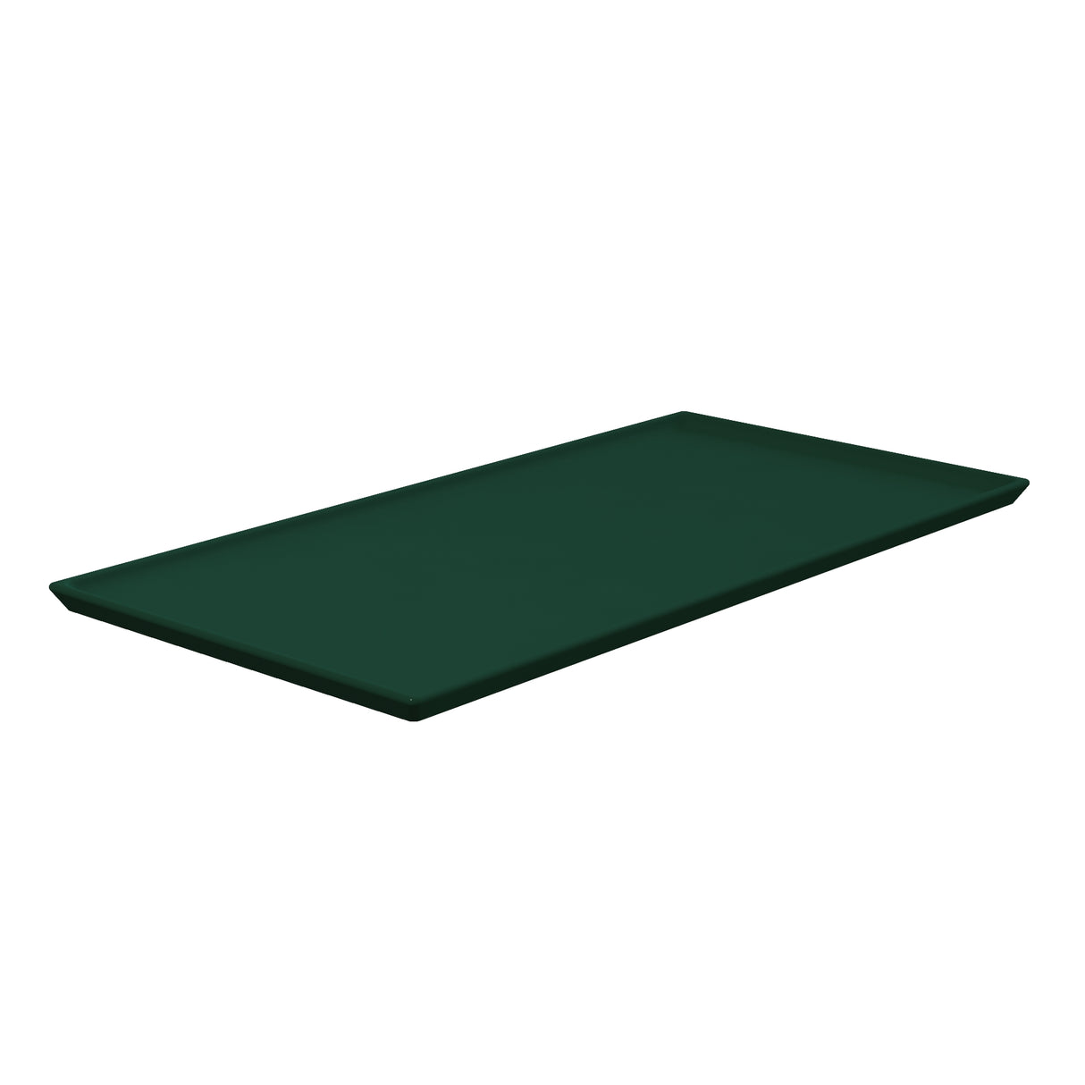 A dark green, rectangular Duracoat coated cast aluminum tray with slightly raised edges and a smooth surface, viewed from an angle that shows its flatness and depth. Ideal as a cooling plate platter for cold holding. The background is plain and white.