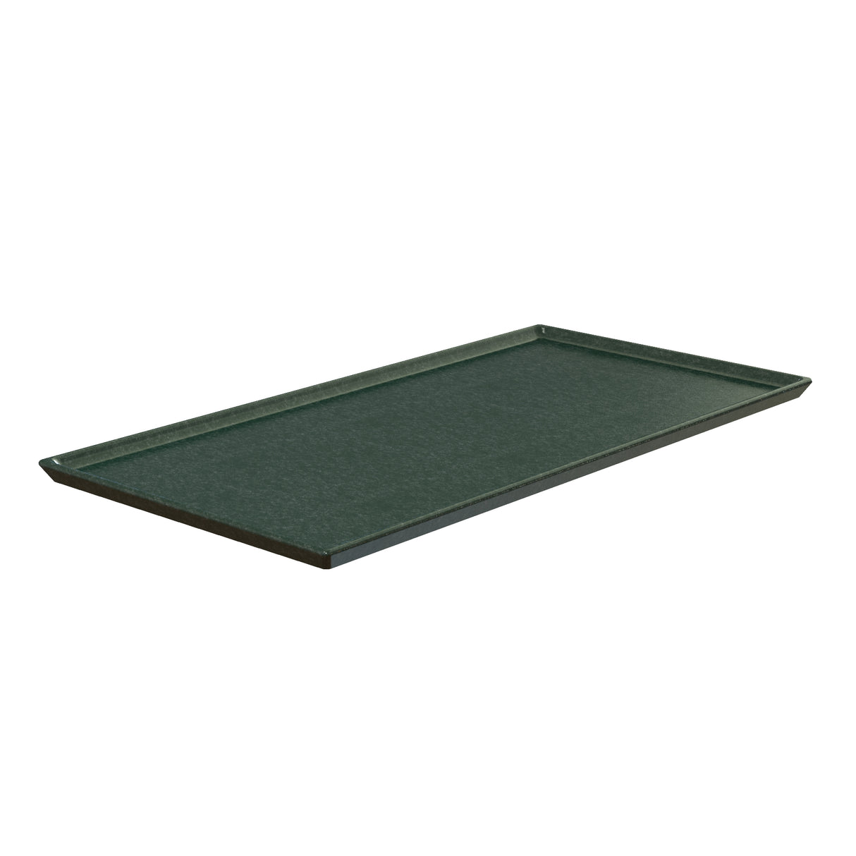 A rectangular, dark green cast aluminum serving tray with slightly raised edges. The tray features a smooth surface and minimalistic design, making it ideal as a cooling plate platter for cold holding. Placed on a white background.