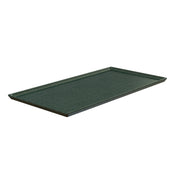 A rectangular, dark green cast aluminum serving tray with slightly raised edges. The tray features a smooth surface and minimalistic design, making it ideal as a cooling plate platter for cold holding. Placed on a white background.