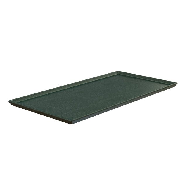 A rectangular, dark green cast aluminum serving tray with slightly raised edges. The tray features a smooth surface and minimalistic design, making it ideal as a cooling plate platter for cold holding. Placed on a white background.