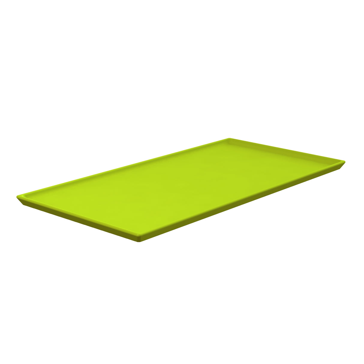 A rectangular, lime-green cooling plate platter with slightly raised edges is shown on a white background at a slight angle, giving a three-dimensional view. The tray has a smooth surface and simple, modern design.