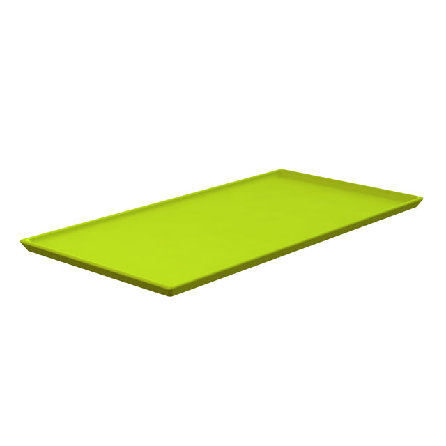 A rectangular, lime-green cooling plate platter with slightly raised edges is shown on a white background at a slight angle, giving a three-dimensional view. The tray has a smooth surface and simple, modern design.