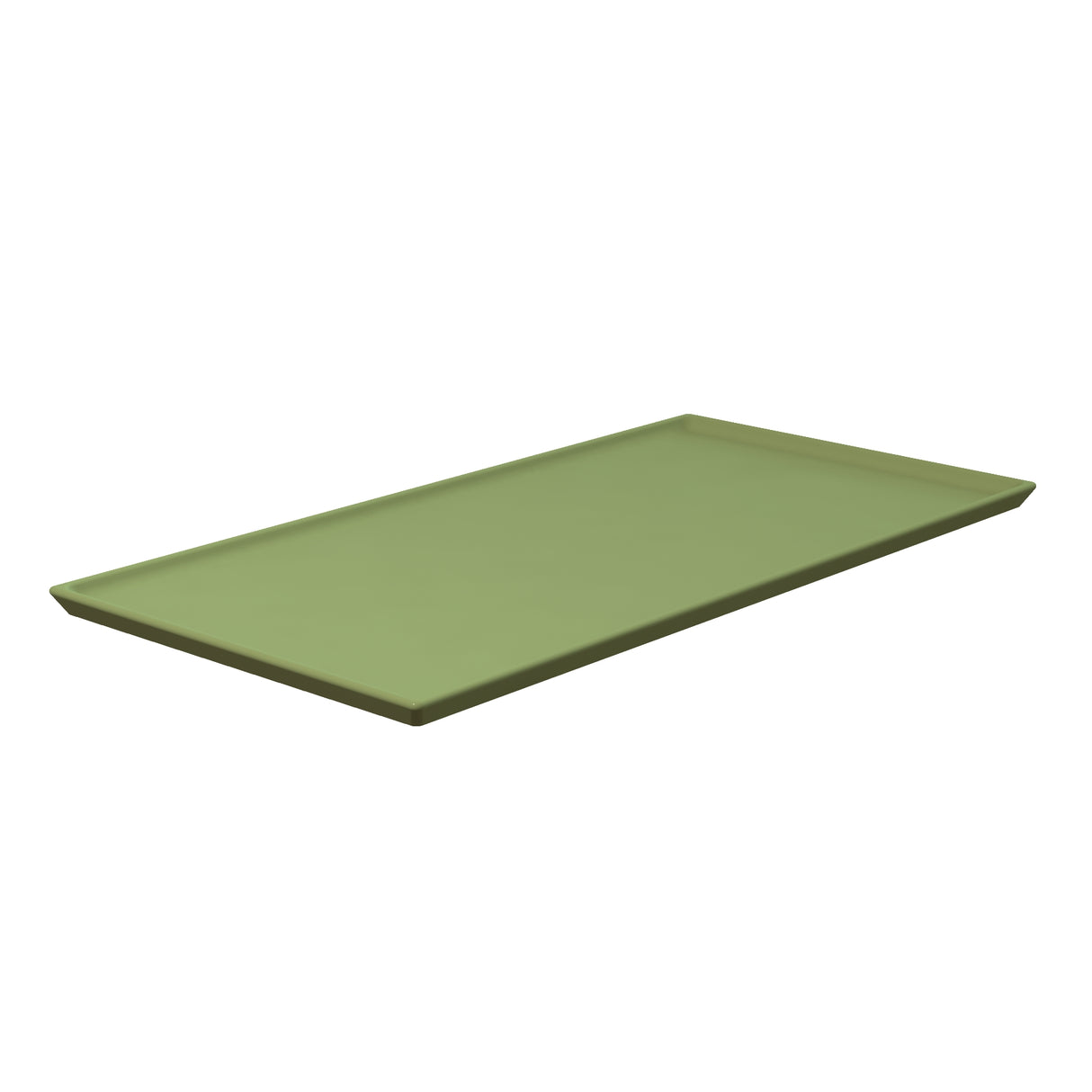 A rectangular, flat, olive green Duracoat coated cast aluminum tray with slightly raised edges. The smooth-surfaced Cooling Plate Platter features a minimalist design and is perfect for cold holding, shown against a white background.