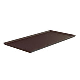 A rectangular, dark brown cast aluminum serving tray with slightly raised edges and a flat surface. Its minimalist design is photographed on a white background, angled to show its thin profile and subtle texture.