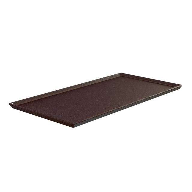 A rectangular, dark brown cast aluminum serving tray with slightly raised edges and a flat surface. Its minimalist design is photographed on a white background, angled to show its thin profile and subtle texture.