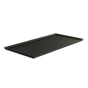 A rectangular, black cast aluminum serving tray with slightly raised edges and a smooth, speckled surface, ideal as a cooling plate platter, shown angled on a white background.