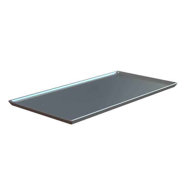 A rectangular, cast aluminum baking sheet with slightly raised edges on all sides, displayed against a white background and viewed from an angled perspective. The smooth, reflective surface offers excellent cold holding for your Cooling Plate Platter needs.