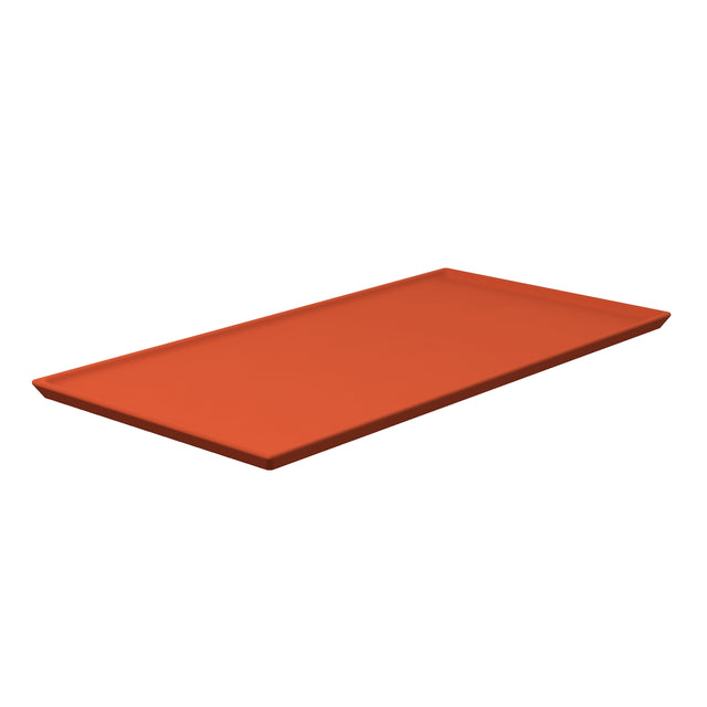 A rectangular, flat, orange Cooling Plate Platter with slightly raised edges is shown against a white background. Made of Duracoat coated cast aluminum, it’s designed for cold holding and photographed at an angle to show its depth and shape.