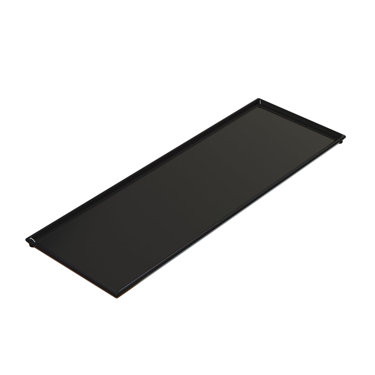 A rectangular black Cooling Plate Serving Tray with slightly raised edges, viewed at an angle against a white background. Made from cast aluminum, the tray is glossy and smooth, ideal for cold holding, serving, or organizing items.