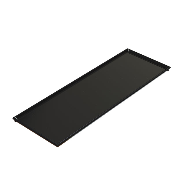 A rectangular black Cooling Plate Serving Tray with slightly raised edges, viewed at an angle against a white background. Made from cast aluminum, the tray is glossy and smooth, ideal for cold holding, serving, or organizing items.