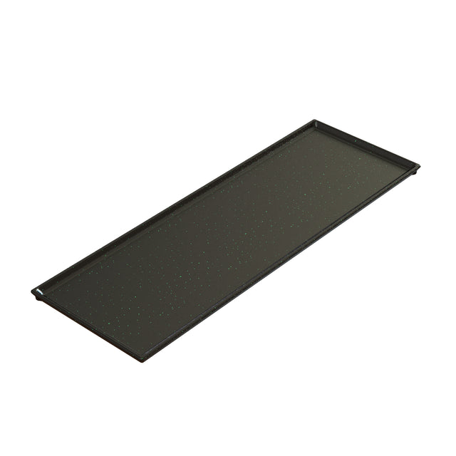 A rectangular, shallow black cast aluminum tray with raised edges and a slight speckled pattern. This Cooling Plate Serving Tray is empty and shown at an angle on a plain white background.