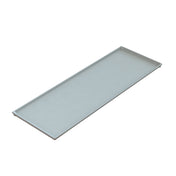 A rectangular, flat, light gray cast aluminum tray with slightly raised edges on all sides. The serving tray has a smooth finish and is shown on a white background, angled to reveal its shallow depth and sturdy structure.