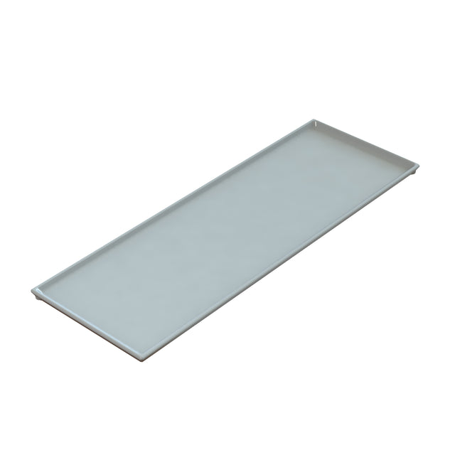 A rectangular, flat, light gray cast aluminum tray with slightly raised edges on all sides. The serving tray has a smooth finish and is shown on a white background, angled to reveal its shallow depth and sturdy structure.