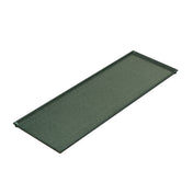 A rectangular, flat Cooling Plate Serving Tray with low raised edges is shown at an angle on a white background. Made from Duracoat coated cast aluminum, the dark green tray has a slightly mottled, speckled texture for cold holding.