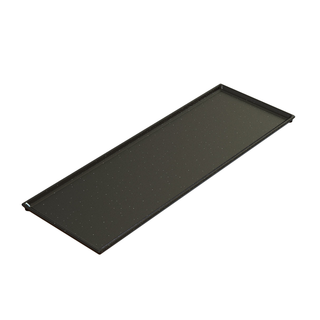 A rectangular, flat, black cooling plate serving tray with slightly raised edges and a smooth, Duracoat coated cast aluminum surface. The tray has a subtle speckled pattern and is shown on a white background, emphasizing its length.