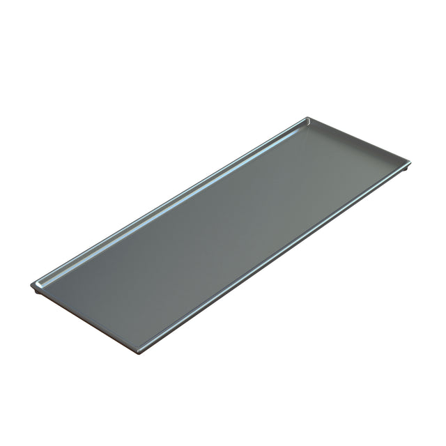 A rectangular, cast aluminum serving tray with raised edges on all sides, shown at an angle against a white background. The smooth, reflective surface and slightly rounded corners make this tray both simple and functional.