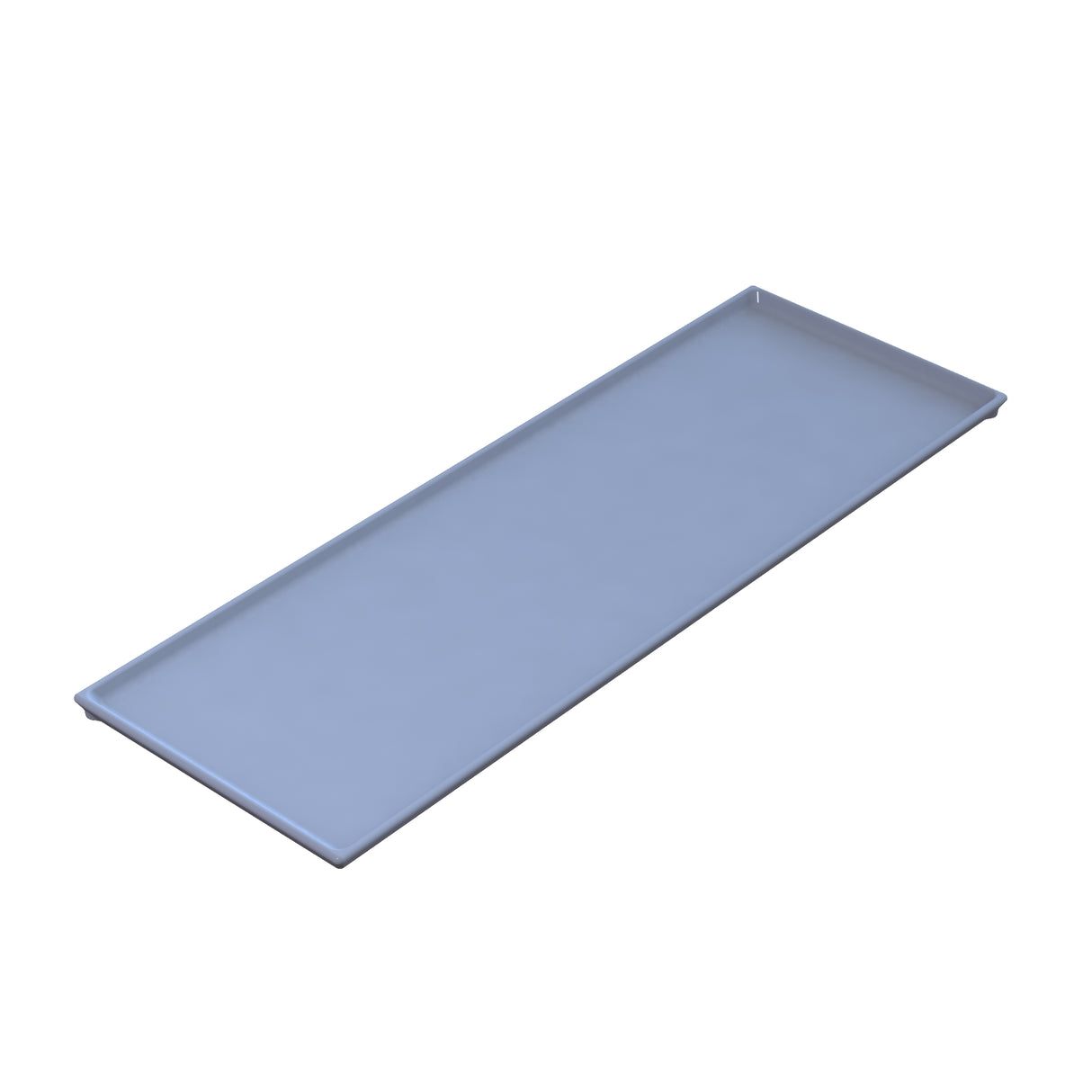 A rectangular, flat, light gray cast aluminum serving tray with slightly raised edges on all sides. The tray is viewed from an angle, showing its smooth surface and minimalist design against a white background.