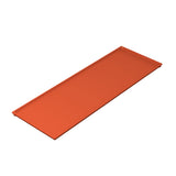 A rectangular, flat, orange serving tray with slightly raised edges is displayed on a white background. Made of smooth plastic, the tray is shown at an angle to emphasize its slim and minimalist design.