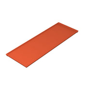A rectangular, flat, orange serving tray with slightly raised edges is displayed on a white background. Made of smooth plastic, the tray is shown at an angle to emphasize its slim and minimalist design.