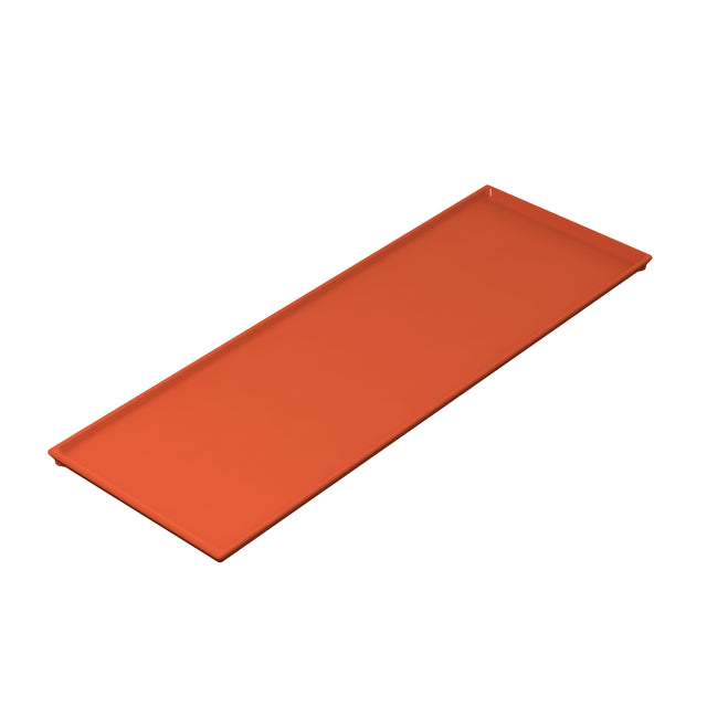 A rectangular, flat, orange serving tray with slightly raised edges is displayed on a white background. Made of smooth plastic, the tray is shown at an angle to emphasize its slim and minimalist design.