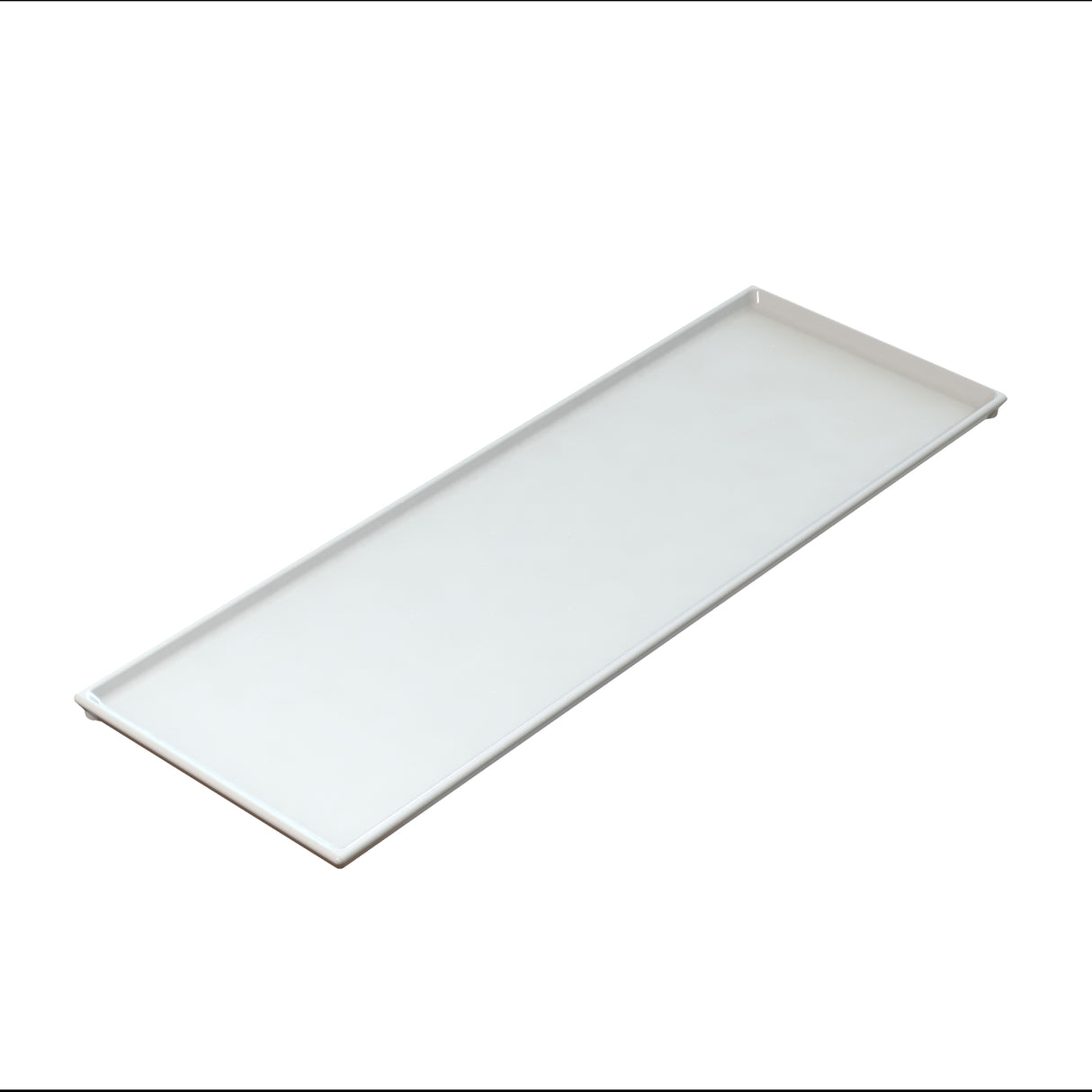 A rectangular, flat white serving tray with slightly raised edges on all sides, photographed against a plain white background. The tray appears sleek and minimalistic, with a smooth cast aluminum surface and clean lines.