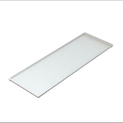 A rectangular, flat white serving tray with slightly raised edges on all sides, photographed against a plain white background. The tray appears sleek and minimalistic, with a smooth cast aluminum surface and clean lines.
