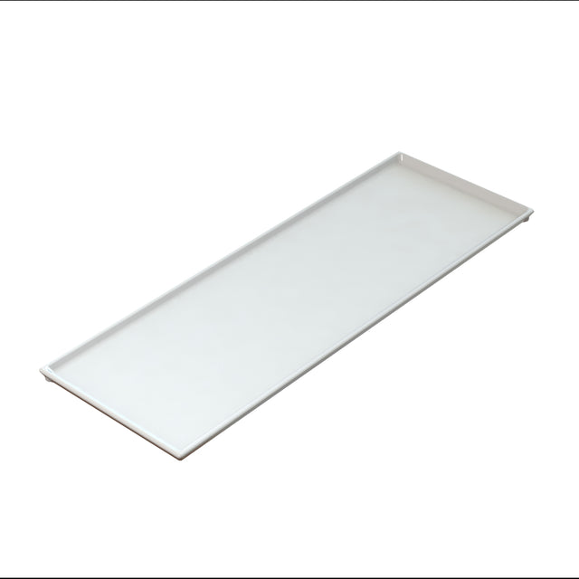 A rectangular, flat white serving tray with slightly raised edges on all sides, photographed against a plain white background. The tray appears sleek and minimalistic, with a smooth cast aluminum surface and clean lines.