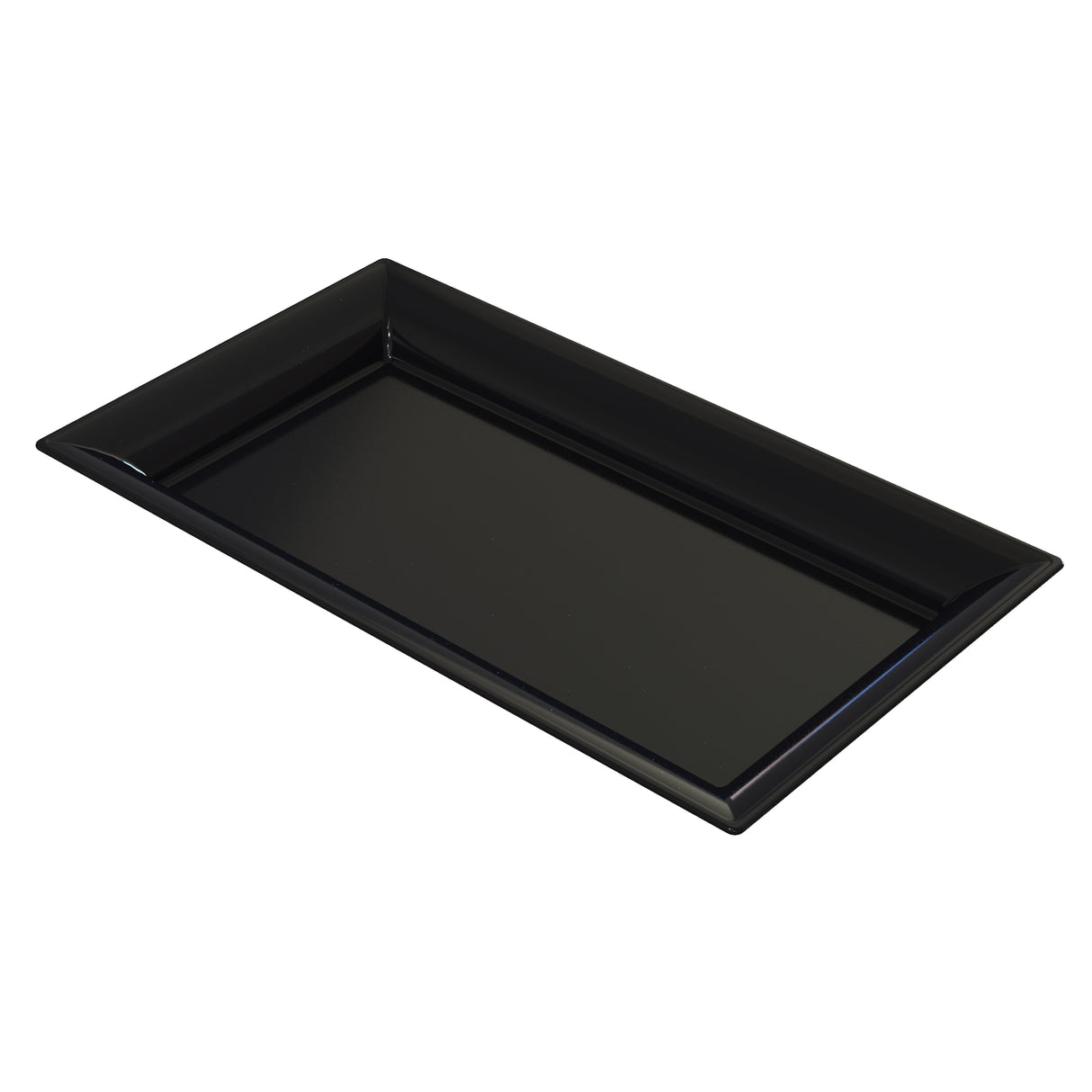 A plain, rectangular black cast aluminum platter with slightly raised, angled edges. The tray has a glossy finish and is photographed against a white background, giving it a clean and modern appearance.