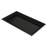 A plain, rectangular black cast aluminum platter with slightly raised, angled edges. The tray has a glossy finish and is photographed against a white background, giving it a clean and modern appearance.